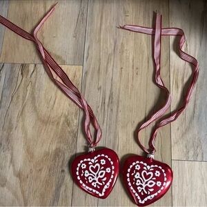 Vintage 90s Two Glass Heart Ornaments Red White Folk Art